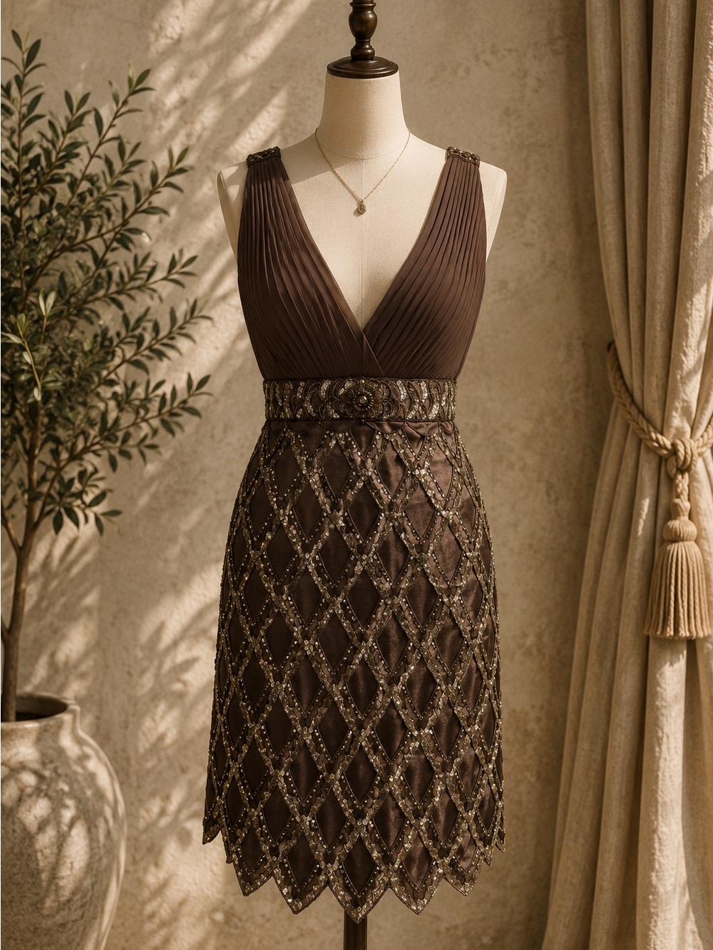 Sue Wong Nocturne Beaded Sequin Cocktail Dress Brown Art Deco Gatsby Size 14 - Picture 2 of 9